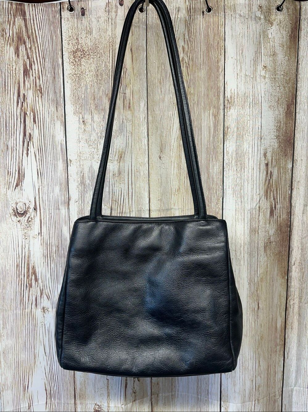 Vintage Latico Leathers Soft Black Leather Double Strap Chic Shoulder Tote Bag